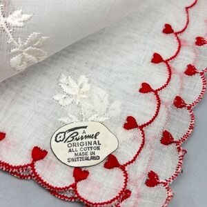 Vintage Burmel Handkerchief White Cotton Red Heart Scalloped Edge Switzerland